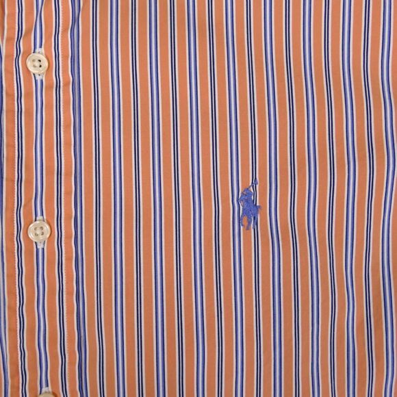 Polo Ralph Lauren Shirt Mens Large Orange Blue Striped Custom Fit Long Sleeve - Picture 1 of 15